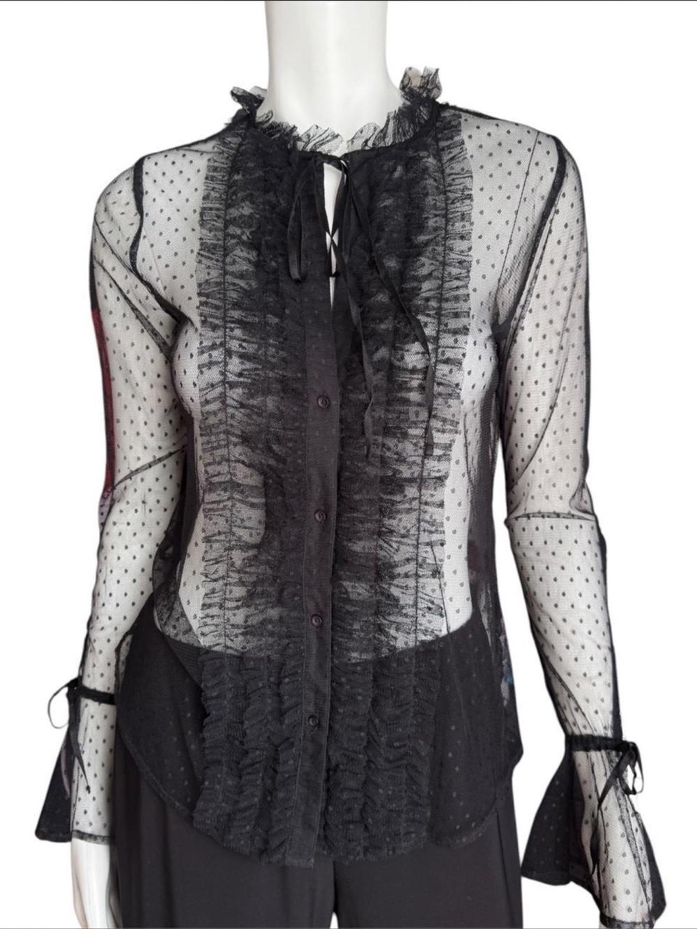 Hinge Sheer Polka Dot Mesh Ruffle Blouse Black Coquette Romantic Goth Top XXS